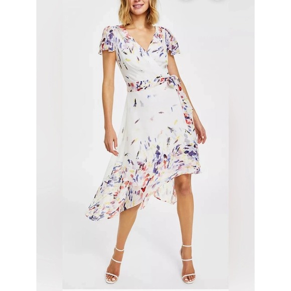 Dkny Dresses & Skirts - DKNY Womens' Printed Flutter Sleeve Faux Wrap Midi Dress - Print/Ivory/Marine 6